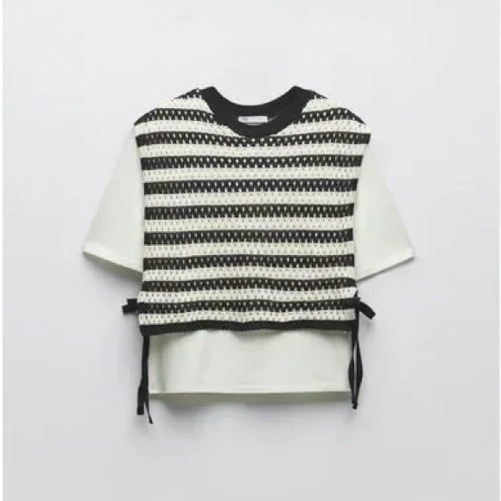 Zara Black and White Striped Combination Tricot Crochet Knit Vest Double Top